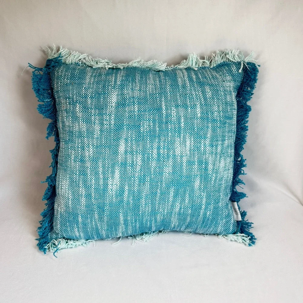 C&C California Home Teal Woven Cotton Fringed Throw Pillow 18x18 Boho Accent